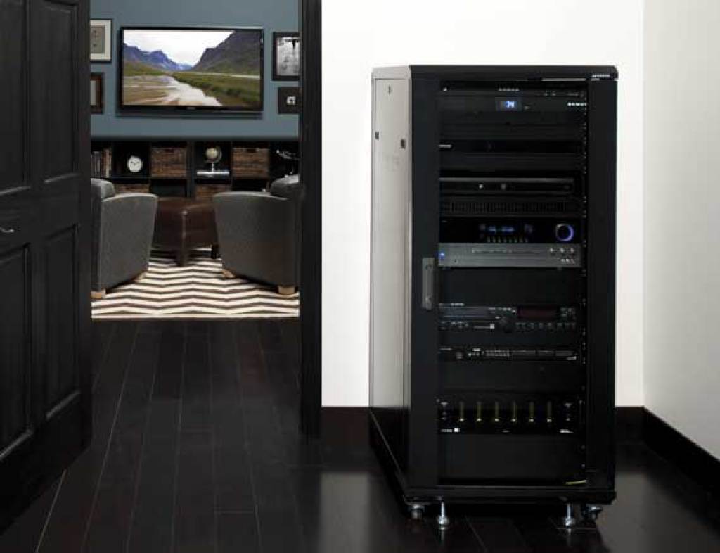 SANUS CFR2127 installed next to a home theater room